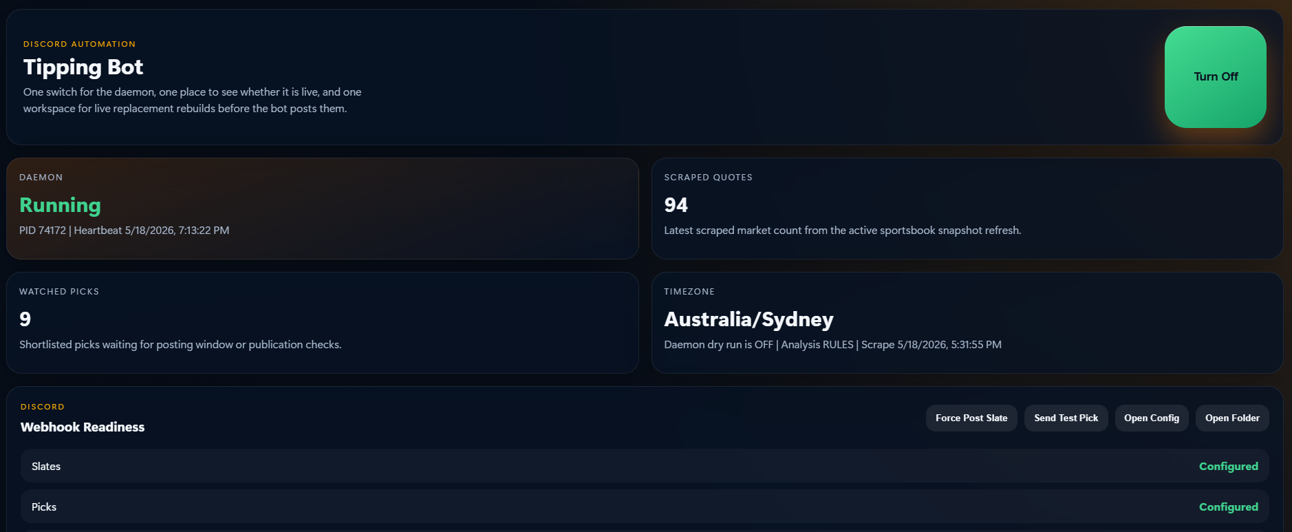 SportsTips AI daemon dashboard